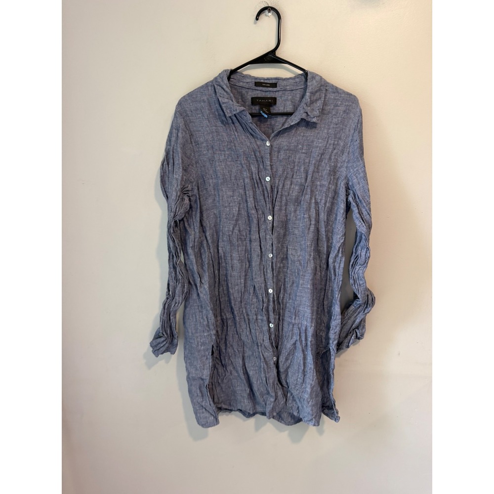 Tahari Womens Blue 100% Linen Long Sleeve Button Down Tunic Shirt Size L
